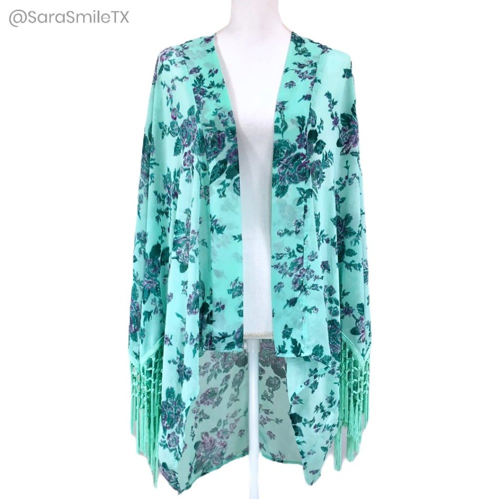 ENTRO Boho Mint Green Floral Print Tassel Fringe Midi Length Kimono